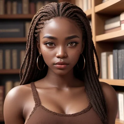 Prompt: 25-year-old African woman, muted chocolate brown skin, deadpan expression, small eyes, 杏仁眼, short eyelashes, black iris, full sienna lips, chubby cheeks, wide bridge button nose, no makeup, long black butterfly faux locs, detailed eyes, detailed lips, detailed hair, curvy overweight physique, halter with crochet cardigan, sparse eyebrows, oval-shaped face, soft features, beauty marks, library shelves setting, high-res, intense gaze, detailed, atmospheric lighting, close-up, realistic illustration 