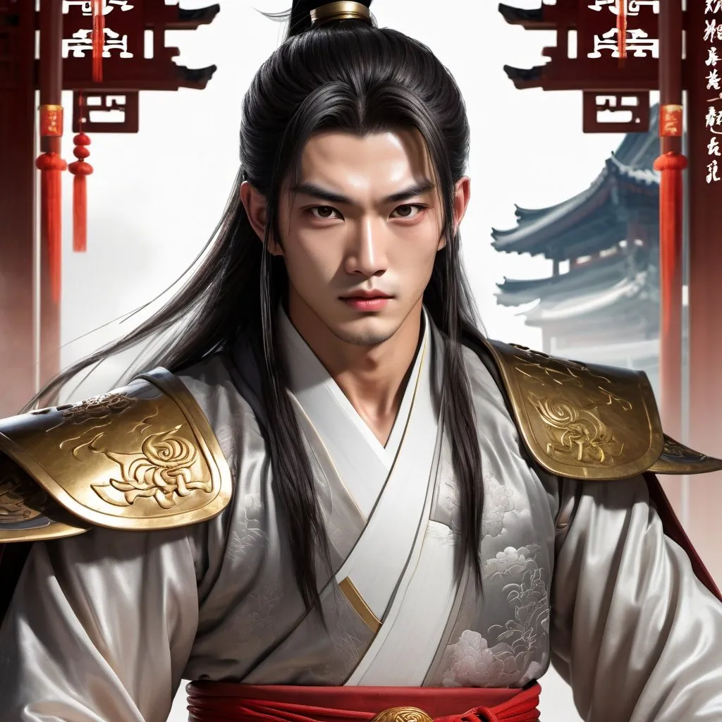 Prompt: Realistic illustration, 27-year-old man, rugged handsome, 杏仁眼, square jaw, chiseled features, detailed eyes, detailed lips, detailed hair, muscular physique, hanfu general’s robes, hanfu pants and boots, sheathed sword attached to waist belt, hands clasped behind back, standing inside Chinese throne room, thick eyebrows, intense gaze, high-res, atmospheric lighting, sharp focus, 