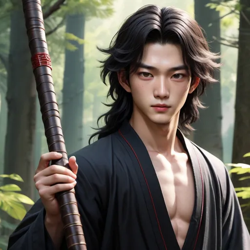 Prompt: Realistic illustration, 20-year-old man, handsome, pale skintone, 杏仁眼, playful smirk, full lips, upturned nose, long curly black hair in ponytail, detailed eyes, detailed lips, detailed hair, black robe shirt like Hua Cheng with pants, light eyebrows, high-res, arms crossed, walking stick in hand, leaning against tree in forest, atmospheric lighting, sharp focus.