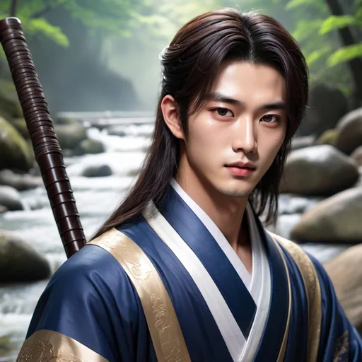 Prompt: Realistic illustration, 27-year-old Korean man, handsome, 睡凤眼, double eyelids, narrow nose, full lips, chiseled features, long flowing hair, detailed eyes, detailed lips, detailed hair, toned physique, hanfu robes, neat full eyebrows, in front of enchanted stream, glowing magic in hand, devilish gaze and smirk, beauty marks, high-res, atmospheric lighting, sharp focus.