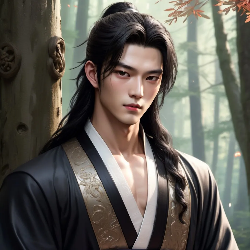 Prompt: Realistic illustration, 25-year-old man, handsome, pale skintone, 小鹿眼, full lips, chiseled features, long curly black hair in ponytail, detailed eyes, detailed lips, detailed hair, black robes like Hua Cheng, light eyebrows, high-res, playful smirk, sheathed sword in hand, arms crossed, leaning against tree in forest, atmospheric lighting, sharp focus.