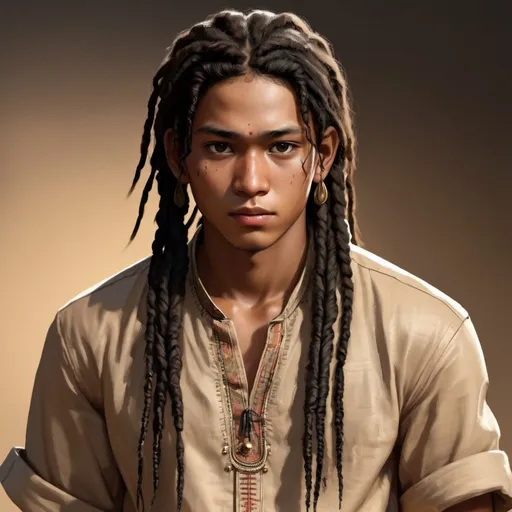 Prompt: Realistic illustration of a 25-year-old Amerindian man, light brown skintone, impassive expression, small eyes, 桃花眼, black eye color, chubby cheeks, wide button nose, black bohemian dreadlocks hair, detailed eyes, detailed lips, detailed hair, overweight, mandarin collar button-up shirt, straight sparse eyebrows, apartment kitchen setting, high-res, intense gaze, detailed, atmospheric lighting, close-up, serene, realistic, highres, sharp focus, handsome 