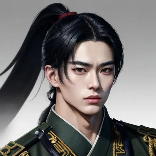 Prompt: Illustration of 27-year-old male general, handsome, face resembling Jackson Wang, face resembling Hwang Hyunjin, face resembling Taecyeon, rugged chiseled features, square jaw, long ponytail in guan, muscular physique, hanfu general’s robes, detailed eyes, detailed lips, detailed hair, thick eyebrows, aloof expression, looking askance, ancient Chinese palace background, intense gaze, high-res, atmospheric lighting, sharp focus, 