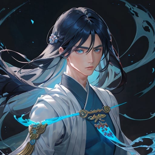 Prompt: A xianxia immortal cultivator, beautiful man in mid-20s, muscular build, long black hair half up with middle-parted bangs on either side of face, Light blue eyes, wearing simple light blue robes, STARember style, detailed eyes, intricate hair, xianxia, immortal, fantasy, atmospheric lighting