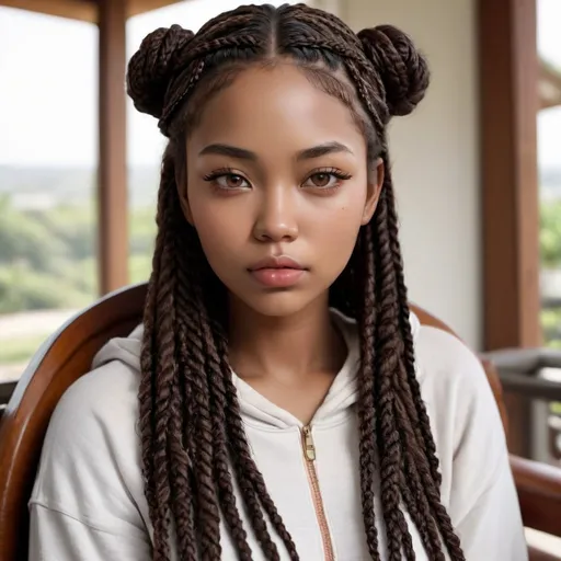 Prompt: 25-year-old Khoi woman, dark chocolate brown skin, aloof expression, small eyes, dark brown eyes, epicanthic fold, hooded eyelids, full sienna lips, chubby cheeks, low wide nose bridge, upturned nose, no makeup, black hair, long box braids with curly strands, detailed eyes, detailed lips, detailed hair, curvy overweight physique, fairycore top, natural straight eyebrows, sitting in lounge chair knees up, high-res, intense gaze, detailed, atmospheric lighting, realistic illustration