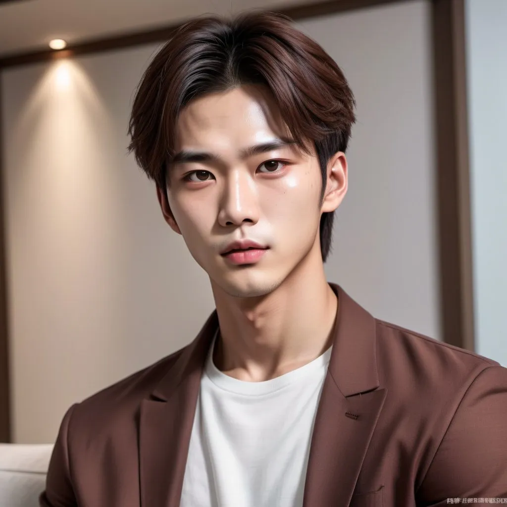 Prompt: Realistic illustration, 30-year-old Korean man, handsome, face similar to Hwang Hyunjin, face similar to Jackson Wang, 睡凤眼, double eyelids, narrow nose, full lips, chiseled features, side-swept hair with curtain bangs, detailed eyes, detailed lips, detailed hair, toned physique, brown long-sleeve shirt, neat full eyebrows, on a couch, high-res, cold gaze, atmospheric lighting, sharp focus.