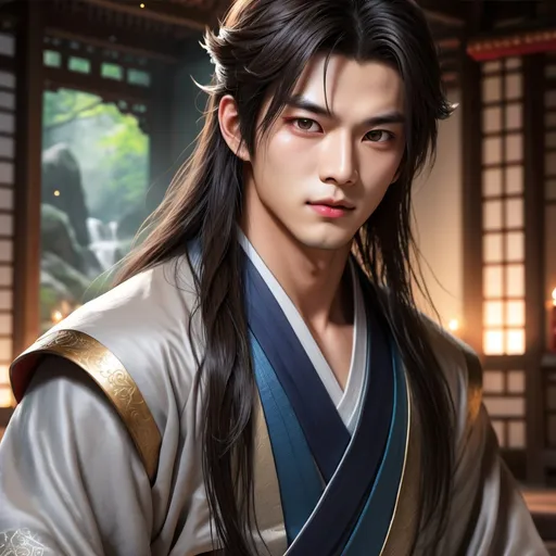 Prompt: Realistic illustration, 27-year-old man, ruggedly handsome, 杏仁眼, round eyes,  scar on cheek, plump lips, chiseled features, long flowing hair, detailed eyes, detailed lips, detailed hair, muscular physique, hanfu robes, full eyebrows, in front of enchanted stream, glowing magic in hand, devilish gaze and smirk, high-res, intense gaze,  atmospheric lighting, sharp focus.