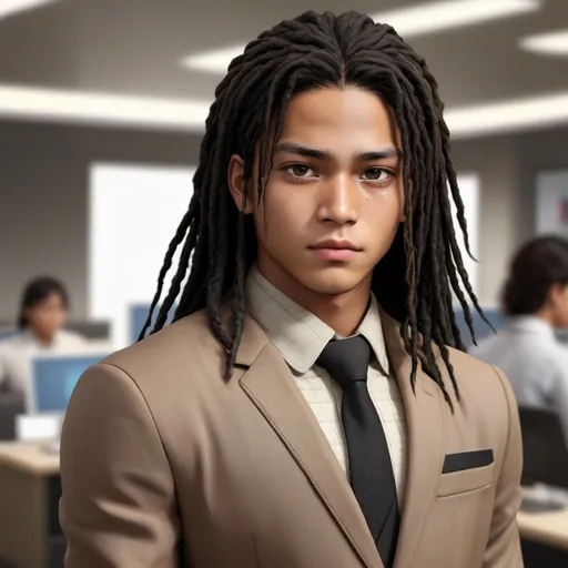 Prompt: Realistic illustration of a 25-year-old Amerindian man, light brown skintone, impassive expression, small eyes, 桃花眼, black eye color, chubby cheeks, wide button nose, black bohemian dreadlocks hair, detailed eyes, detailed lips, detailed hair, overweight, black suit, straight sparse eyebrows, in an office with open cubicles setting, high-res, intense gaze, detailed, atmospheric lighting, close-up, serene, realistic, highres, sharp focus, handsome 