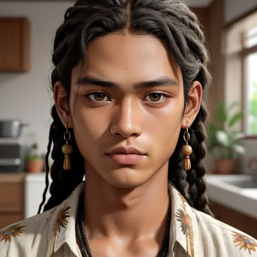Prompt: Realistic illustration of a 25-year-old Amerindian man, light brown skintone, impassive expression, small eyes, 桃花眼, black eye color, chubby cheeks, wide button nose, black bohemian dreadlocks hair, detailed eyes, detailed lips, detailed hair, overweight, stud earrings, white mandarin collar shirt, straight sparse eyebrows, in an apartment kitchen with pot on stove setting, high-res, intense gaze, detailed, atmospheric lighting, close-up, serene, realistic, highres, sharp focus, handsome 