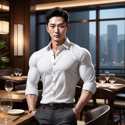 Prompt: Realistic illustration of a 35-year-old Korean man, detailed eyes, detailed hair, muscular physique, elegant comportment, thick eyebrows, upscale restaurant background, casual classy clothes, high quality, detailed, realistic, detailed eyes, detailed hair, elegant, atmospheric lighting