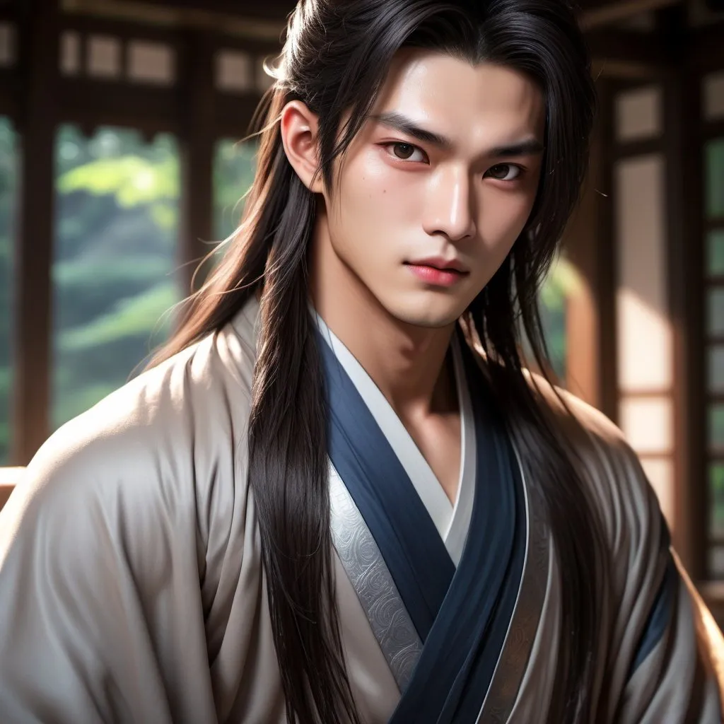 Prompt: Realistic illustration, 27-year-old man, rugged handsome, 杏仁眼, round eyes,  scar on cheek, plump lips, chiseled features, long flowing hair, detailed eyes, detailed lips, detailed hair, muscular physique, hanfu robes, full eyebrows, in front of enchanted stream, glowing magic in hand, devilish gaze and smirk, high-res, atmospheric lighting, sharp focus.