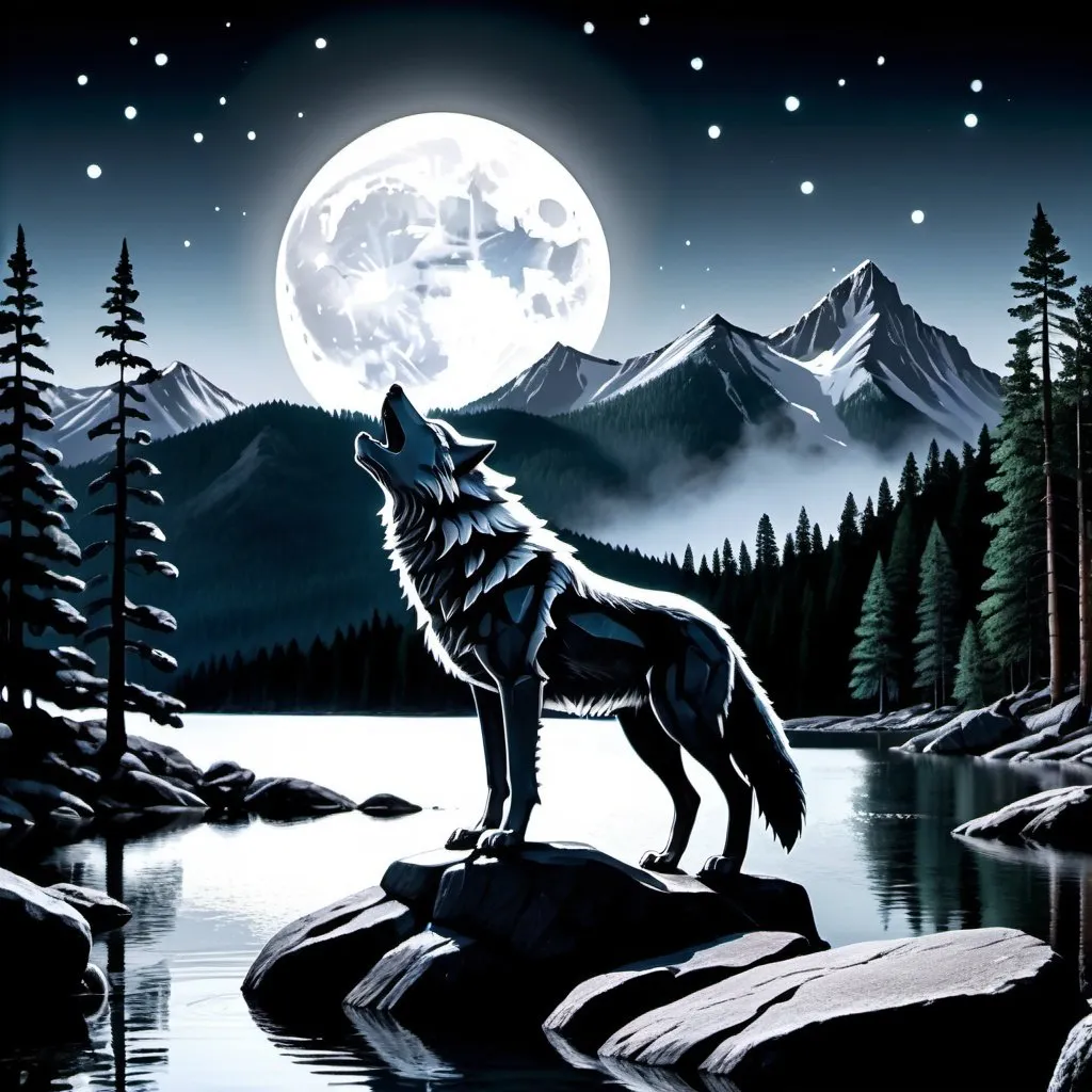 Prompt: A moonlit night with a mountain range in the distance and a beautiful silver wolf in the foreground on a large obsidian rock with pine trees and a lake in the background. The whole thing looks realistic 