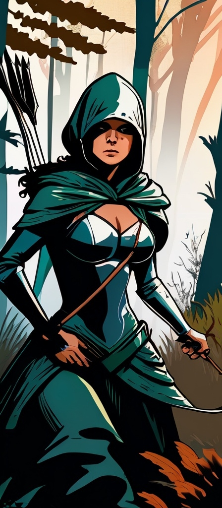 Prompt: A woodland huntress with a bow and arrow pointed at a mysterious hooded man under a tree hidden in bushes 