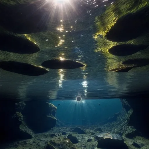 Prompt: Someone rests in on the bottom of a deep lake looking up at sun shining through the water. Rocks surround 