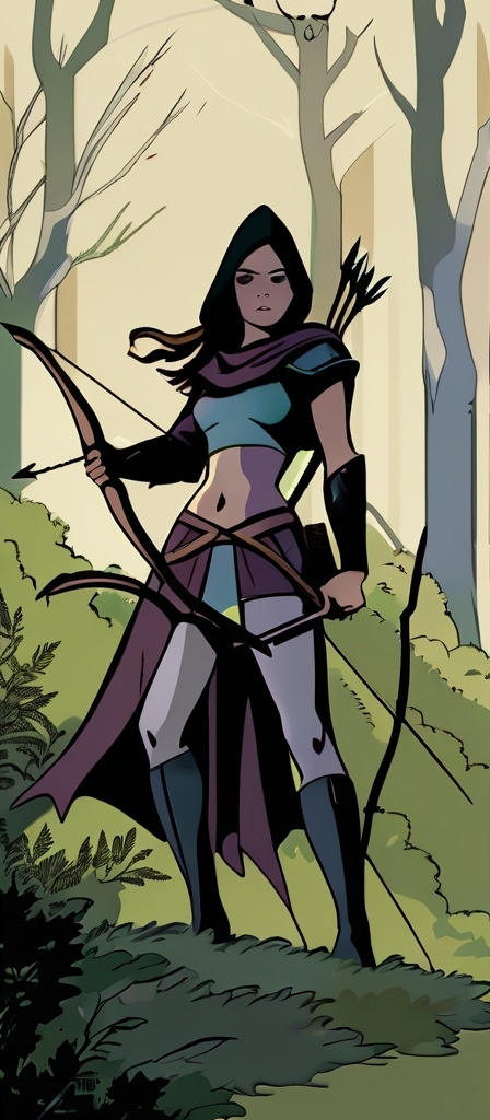 Prompt: A woodland huntress with a bow and arrow pointed at a mysterious hooded man under a tree hidden in bushes 