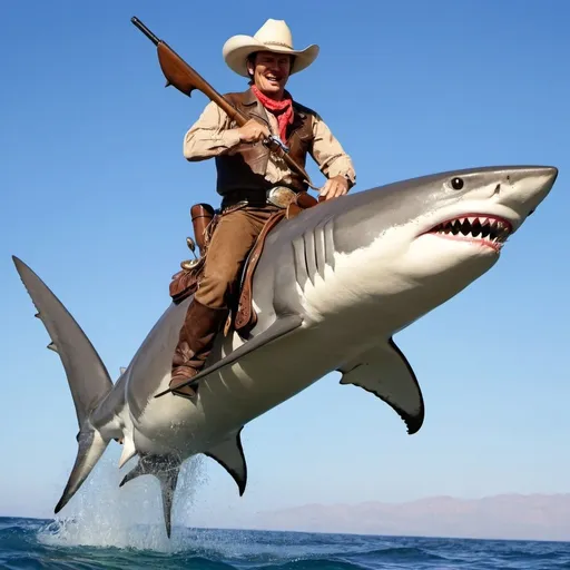 Prompt: A western cowboy riding a shark 
