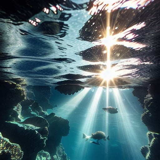 Prompt: Someone resting deep underwater on the bottom of an ocean, looking up with rocks towering over and the sun shining down through the water. The water is clear and blue and miles above 
