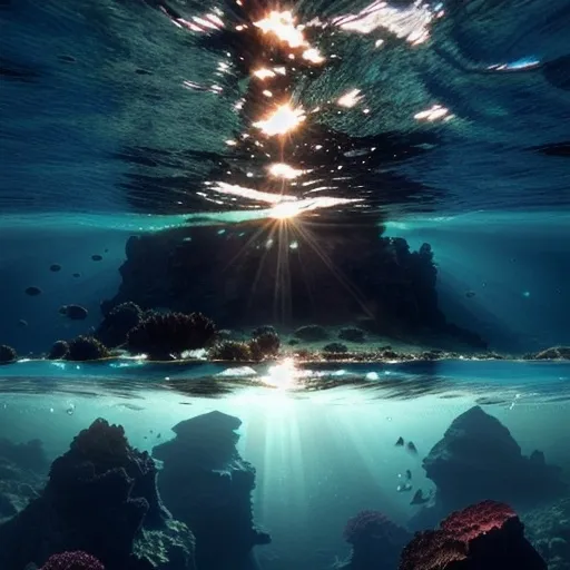 Prompt: Someone resting deep underwater on the bottom of an ocean, looking up with rocks towering over and the sun shining down through the water. The water is clear and blue and miles above 