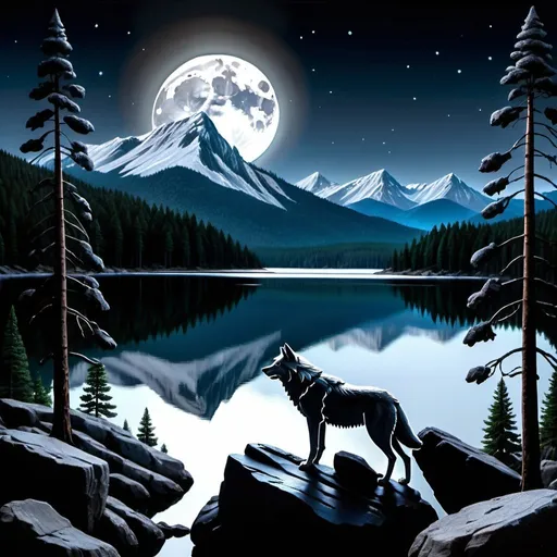 Prompt: A moonlit night with a mountain range in the distance and a beautiful silver wolf in the foreground on a large obsidian rock with pine trees and a lake in the background. The whole thing looks realistic 