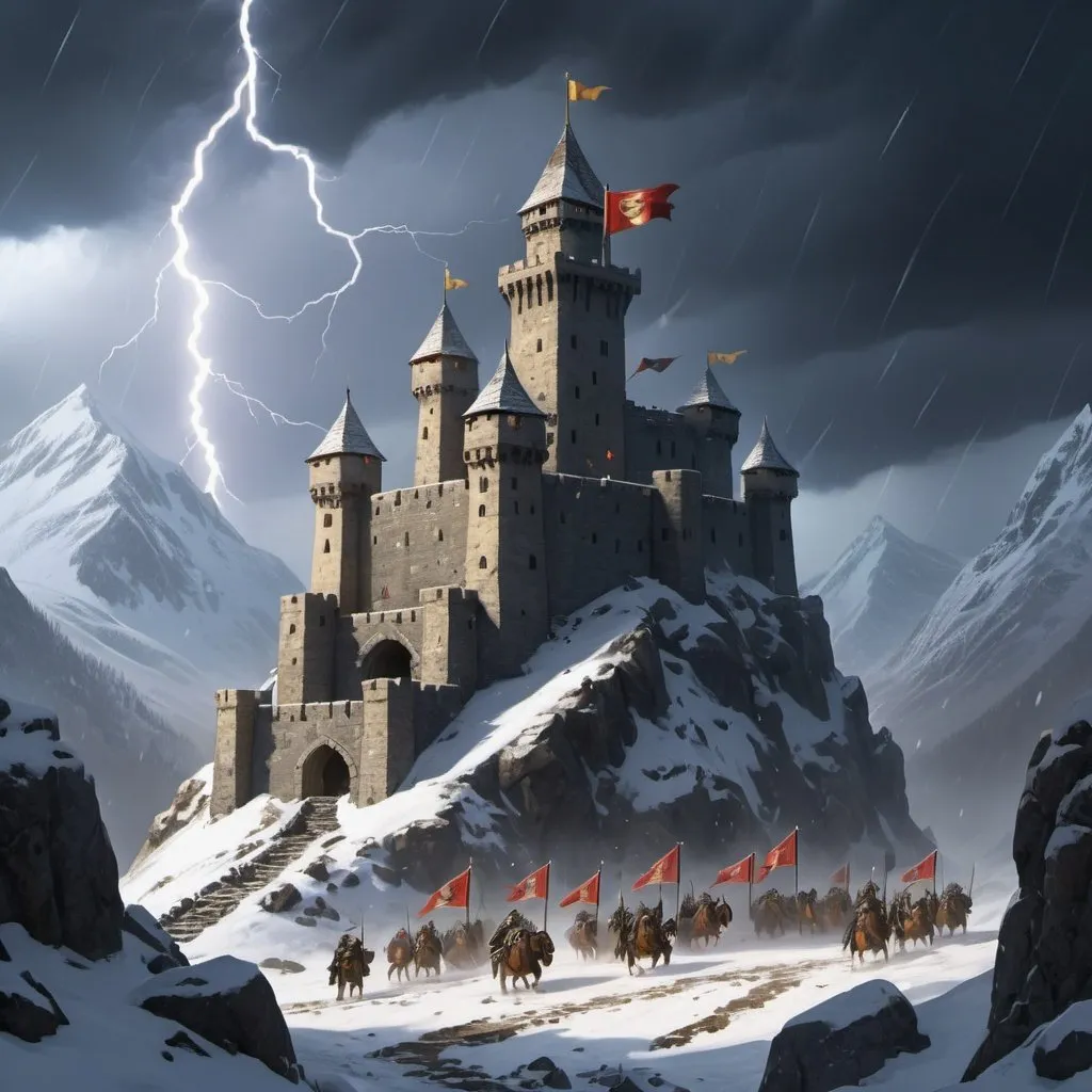 Prompt: A mountain sting castle stronghold buried in the mountains Surrounded by a snowy lightning storm with flags 