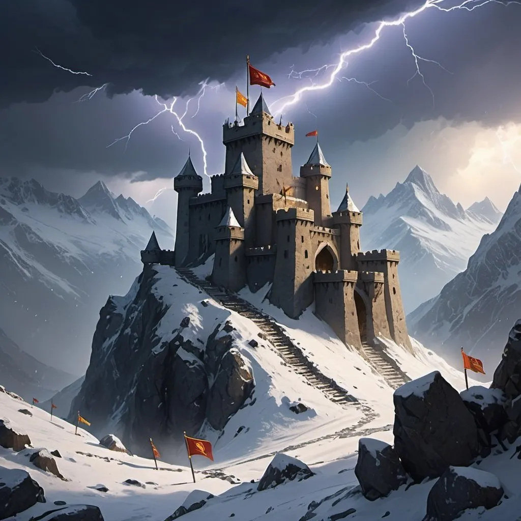 Prompt: A mountain sting castle stronghold buried in the mountains Surrounded by a snowy lightning storm with flags 