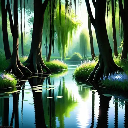 Prompt: Calm, dark forest pool surrounded by weeping willows, sunlight filtering through, grassy patch with flowers, serene atmosphere, high quality, detailed, digital painting, tranquil, cool tones, soft lighting, detailed water reflections, forest shadows