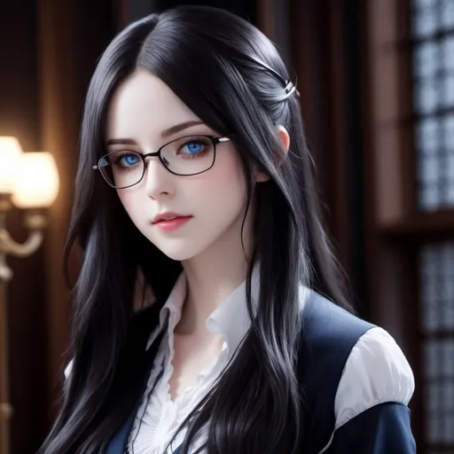 Prompt: young female vampire knight, blue eyes, wearing glasses, pale skin, long black hair, upper body, UHD, 8k, high quality, 