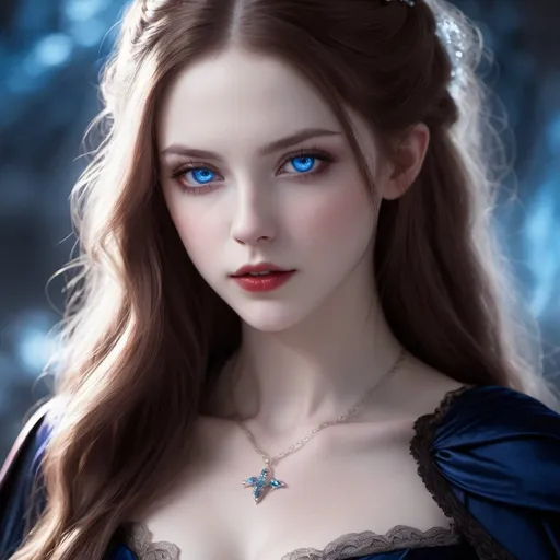 Prompt: young female vampire, blue eyes, pale skin, long hair, upper body, UHD, 8k, high quality, 