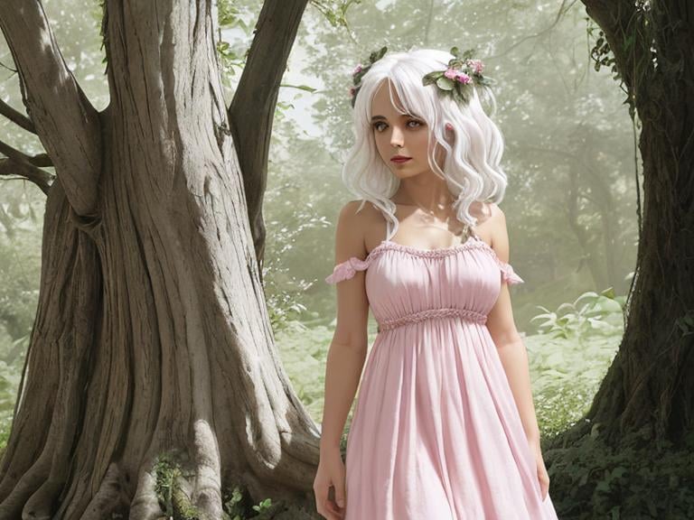 Prompt: dryad, white hair, pink dress, olive skin