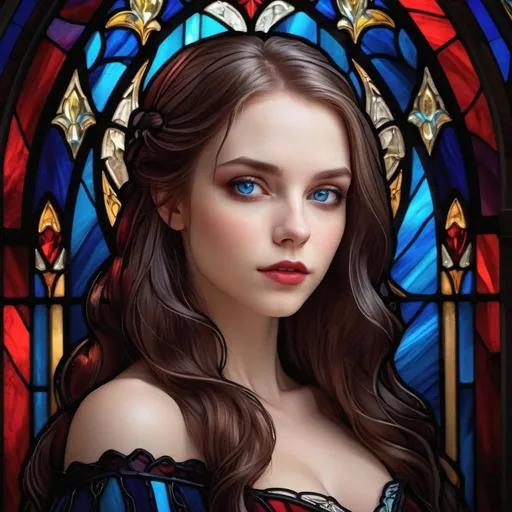 Prompt: UHD, 8k, high quality, young female vampire, blue eyes, pale skin, long hair, upper body