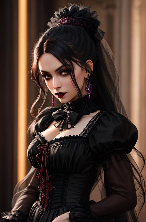 Prompt: UHD, 8k, upper body, vampire, victorian, goth, amber, digital art, high quality