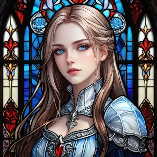 Prompt: UHD, 8k, digital art, high quality, young woman, medieval vampire knight, iceblue eyes, pale skin, long hair, upper body