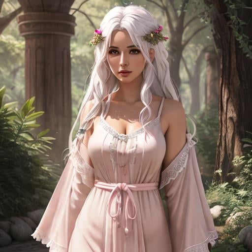 Prompt: white hair, pink loose dress, olive skin, dryad, UHD, 8k, digital art, high quality