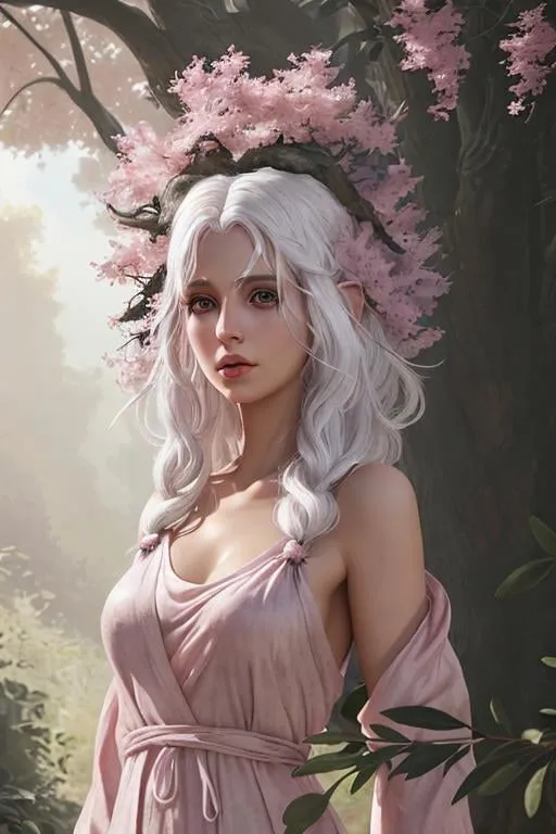 Prompt: white hair, pink loose dress, olive skin, dryad, UHD, 8k, digital art, high quality