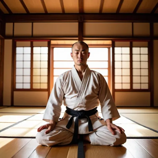 Prompt: create an image of a karateka meditating in a japanese dojo with a wooden floor and the sun shining in through a window