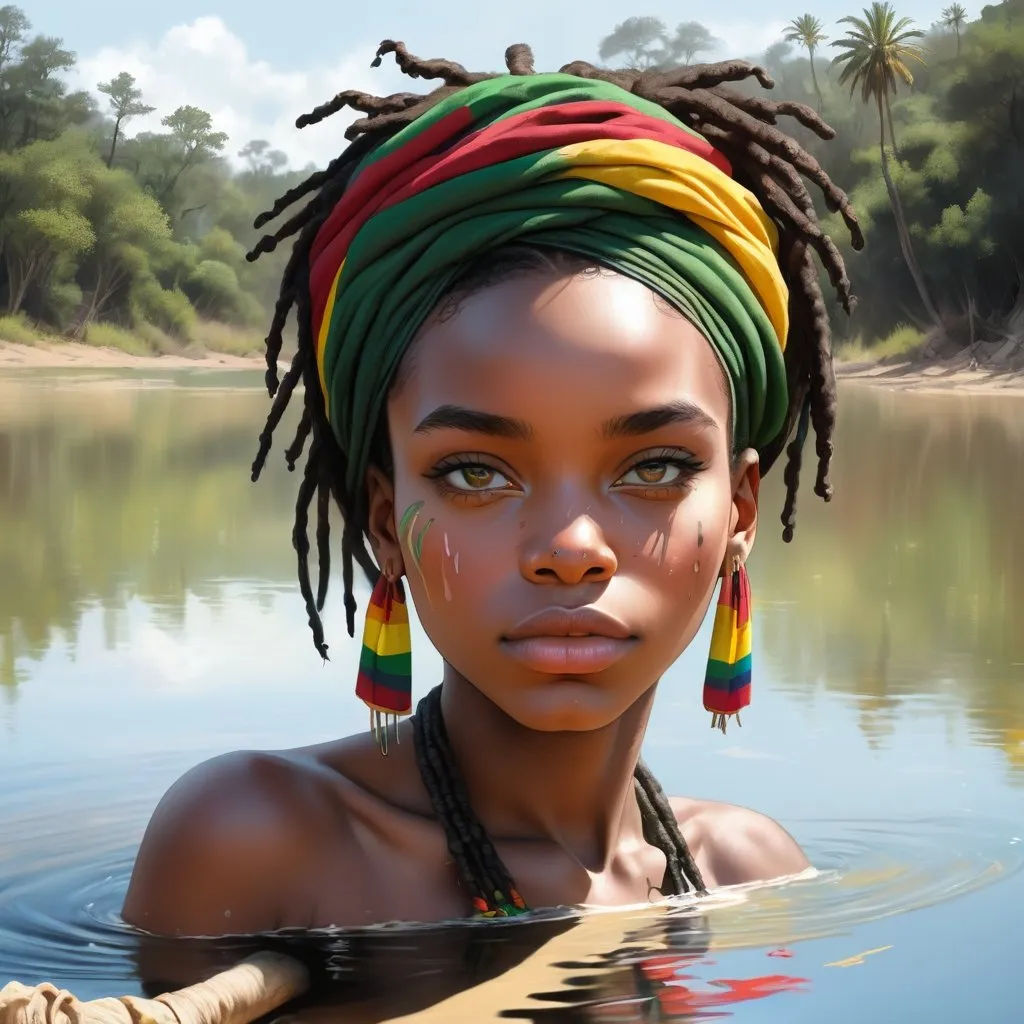Prompt: Amerikan Afrika’n  girl coming out of the black rasta lake with a carefully drawn face