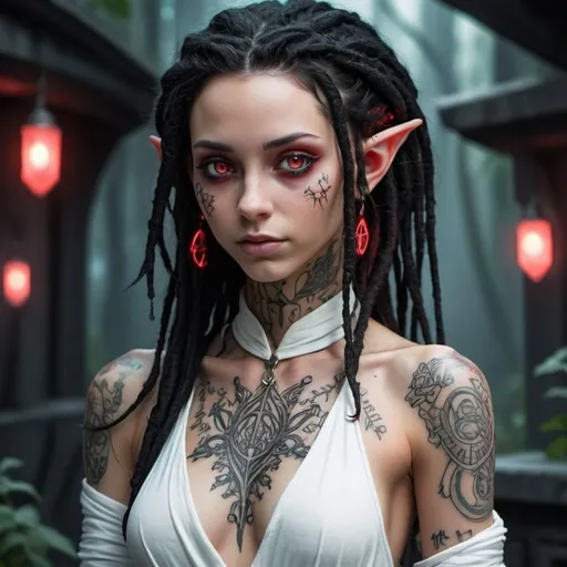 Prompt: The elf girl in the crystal city has black dreadlocks, phosphorescent red eyes, a white jumpsuit that hugs her body curves, her facial features are carefully drawn, and she has tattoos and piercings.