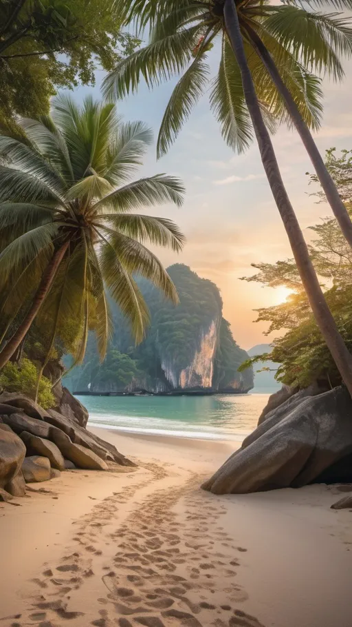 Prompt: Portray the serenity of a 2D Thai beach at dawn, with soft golden sands stretching into the distance and waves lapping gently at the shore.