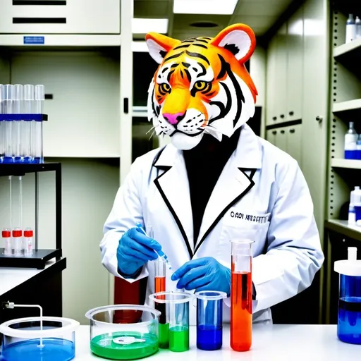 Prompt: tiger with a pipette and a 500mL centrifuge tube wearing a while lab coat in the biosafety cabinet