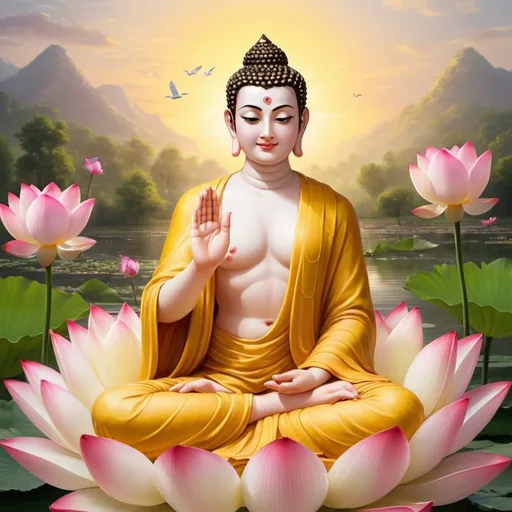 Prompt: 
Generate the Lord Buddha who lived thousands of years ago. It is believed that Buddha had blue eyes, blue hair, which is natural, and it is believed that Buddha's skin looked like pure gold. Create the standing Buddha holding a lotus in his right hand, smelling it, and sermonizing Dhamma to a group of Brahmins. The skin should look natural and the image should be lifelike. The Buddha is standing, wearing a beautiful yellowish robe, holding a lotus between his thumb and index finger, and arriving from the sky with his followers.olding a lotus between his thumb and index finger, and arriving from the sky with his followers.olding a lotus between his thumb and index finger, and arriving from the sky with his followers.the buddha is on the lotus flower sitting and talking to brahmin and all the goddess have been around him. create life like goddess from heaven who have worn transparent shiny white sleek dresses holding flowers to offer to the buddha, the goddess is very beautiful who has curly golden hair making her hands together to worship lord  buddha.make the buddha's skin more human like not as a statue. the buddha should open eyes and look at the human with love kindness. while the goddess should having  her hands full of roses to offer the buddha side of the buddha .goddess should take human form, with visible veins through the skin, and offer flowers to the Buddha.
