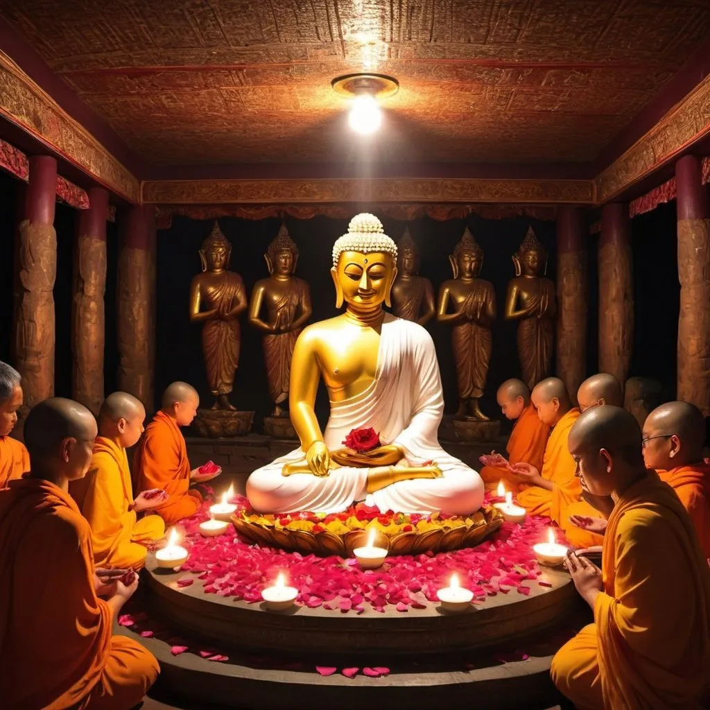 Prompt: The living Lord Buddha is in a dark room where candles are lit and there are rose petals falling on the floor inside that room. Also, surrounded by the goddesses, the godesses goddesses wearing life robes, wearing beautiful white transparent divine robes, worshiping around Him, worshiping and worshiping, they are gathered around Him, give me a picture of this scene.It should be as if there is a living Buddha in the body of Lord Buddha. It should be shown like a real human figure. It should be shown not like a statue but like a living Buddha body. They should surround him with divyanganavan deities and they should show the divine swarupayatan.It should be as if there is a living Buddha in the body of Lord Buddha. It should be shown like a real human figure. It should be shown not like a statue but like a living Buddha body. Surrounding him are the Divyanganas, the gods, they are dressed in beautiful shining cloths similar to the divine form, and they serve the Buddha with various divine flowers and divine fruits.