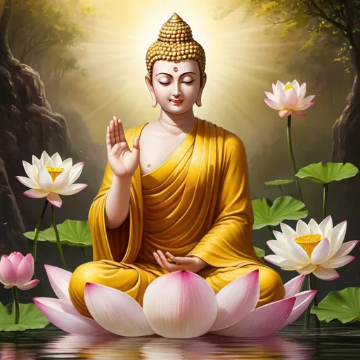 Prompt: 
Generate the Lord Buddha who lived thousands of years ago. It is believed that Buddha had blue eyes, blue hair, which is natural, and it is believed that Buddha's skin looked like pure gold. Create the standing Buddha holding a lotus in his right hand, smelling it, and sermonizing Dhamma to a group of Brahmins. The skin should look natural and the image should be lifelike. The Buddha is standing, wearing a beautiful yellowish robe, holding a lotus between his thumb and index finger, and arriving from the sky with his followers.olding a lotus between his thumb and index finger, and arriving from the sky with his followers.olding a lotus between his thumb and index finger, and arriving from the sky with his followers.the buddha is on the lotus flower sitting and talking to brahmin and all the goddess have been around him. create life like goddess from heaven who have worn transparent shiny white sleek dresses holding flowers to offer to the buddha, the goddess is very beautiful who has curly golden hair making her hands together to worship lord  buddha.make the buddha's skin more human like not as a statue. the buddha should open eyes and look at the human with love kindness. while the goddess should having  her hands full of roses to offer the buddha side of the buddha .goddess should take human form, with visible veins through the skin, and offer flowers to the Buddha.create the reflection of the buddha in the flowing water in front of him. there should be goddesses who came to see him with fruits and roses on their hands and buddha accepting it .