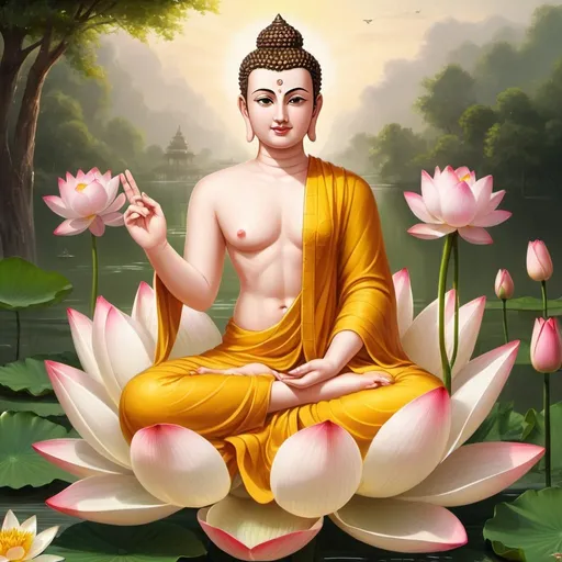 Prompt: 
Generate the Lord Buddha who lived thousands of years ago. It is believed that Buddha had blue eyes, blue hair, which is natural, and it is believed that Buddha's skin looked like pure gold. Create the standing Buddha holding a lotus in his right hand, smelling it, and sermonizing Dhamma to a group of Brahmins. The skin should look natural and the image should be lifelike. The Buddha is standing, wearing a beautiful yellowish robe, holding a lotus between his thumb and index finger, and arriving from the sky with his followers.olding a lotus between his thumb and index finger, and arriving from the sky with his followers.olding a lotus between his thumb and index finger, and arriving from the sky with his followers.the buddha is on the lotus flower sitting and talking to brahmin and all the goddess have been around him. create life like goddess from heaven who have worn transparent shiny white sleek dresses holding flowers to offer to the buddha, the goddess is very beautiful who has curly golden hair making her hands together to worship lord  buddha.make the buddha's skin more human like not as a statue. the buddha should open eyes and look at the human with love kindness. while the goddess should having  her hands full of roses to offer the buddha side of the buddha .goddess should take human form, with visible veins through the skin, and offer flowers to the Buddha.