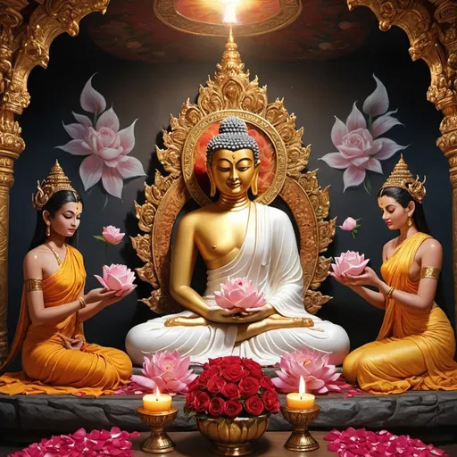 Prompt: The living Lord Buddha is in a dark room where candles are lit and there are rose petals falling on the floor inside that room. Also, surrounded by the goddesses, the godesses goddesses wearing life robes, wearing beautiful white transparent divine robes, worshiping around Him, worshiping and worshiping, they are gathered around Him, give me a picture of this scene.It should be as if there is a living Buddha in the body of Lord Buddha. It should be shown like a real human figure. It should be shown not like a statue but like a living Buddha body. They should surround him with divyanganavan deities and they should show the divine swarupayatan.It should be as if there is a living Buddha in the body of Lord Buddha. It should be shown like a real human figure. It should be shown not like a statue but like a living Buddha body. Surrounding him are the Divyanganas, the gods, they are dressed in beautiful shining cloths similar to the divine form, and they serve the Buddha with various divine flowers and divine fruits. These particular deities wear divine robes. They are white in color and there are beautiful golden stripes on their clothes, gold ornaments and their own pearls. And these gods are wearing divine ornaments on their heads. They are beautiful divyabans with gold and silver on top and they have like clouds at their feet which represents that they have come from heaven. Create these   Goddesses and Gods to be alive. The Buddha should be seemed life like to be like a real to eyes . The Buddha’s eyes should be blue and hair should be kind of bluish too. The Buddha’s skin should be golden and the robe should be yellowish . The Buddha should be showing a posture that he hold his hand ✋🏼 towards these goddesses and delivering his speech taking a rose flower by other hand while smelling the rose