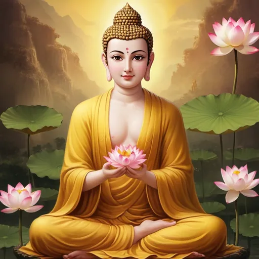 Prompt: 
Generate the Lord Buddha who lived thousands of years ago. It is believed that Buddha had blue eyes, blue hair, which is natural, and it is believed that Buddha's skin looked like pure gold. Create the standing Buddha holding a lotus in his right hand, smelling it, and sermonizing Dhamma to a group of Brahmins. The skin should look natural and the image should be lifelike. The Buddha is standing, wearing a beautiful yellowish robe, holding a lotus between his thumb and index finger, and arriving from the sky with his followers.olding a lotus between his thumb and index finger, and arriving from the sky with his followers.olding a lotus between his thumb and index finger, and arriving from the sky with his followers.the buddha is on the lotus flower sitting and talking to brahmin and all the goddess have been around him. create life like goddess from heaven who have worn transparent shiny white sleek dresses holding flowers to offer to the buddha, the goddess is very beautiful who has curly golden hair making her hands together to worship lord  buddha.make the buddha's skin more human like not as a statue. the buddha should open eyes and look at the human with love kindness. while the goddess should having  her hands full of roses to offer the buddha side of the buddha .goddess should take human form, with visible veins through the skin, and offer flowers to the Buddha.