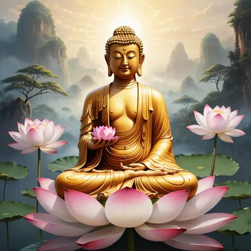 Prompt: 
Generate the Lord Buddha who lived thousands of years ago. It is believed that Buddha had blue eyes, blue hair, which is natural, and it is believed that Buddha's skin looked like pure gold. Create the standing Buddha holding a lotus in his right hand, smelling it, and sermonizing Dhamma to a group of Brahmins. The skin should look natural and the image should be lifelike. The Buddha is standing, wearing a beautiful yellowish robe, holding a lotus between his thumb and index finger, and arriving from the sky with his followers.olding a lotus between his thumb and index finger, and arriving from the sky with his followers.olding a lotus between his thumb and index finger, and arriving from the sky with his followers.the buddha is on the lotus flower sitting and talking to brahmin and all the goddess have been around him. create life like goddess from heaven who have worn transparent shiny white sleek dresses holding flowers to offer to the buddha, the goddess is very beautiful who has curly golden hair making her hands together to worship lord  buddha.