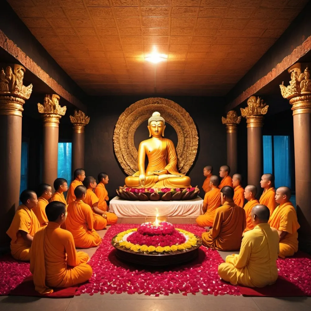 Prompt: The living Lord Buddha is in a dark room where candles are lit and there are rose petals falling on the floor inside that room. Also, surrounded by the goddesses, the godesses goddesses wearing life robes, wearing beautiful white transparent divine robes, worshiping around Him, worshiping and worshiping, they are gathered around Him, give me a picture of this scene.It should be as if there is a living Buddha in the body of Lord Buddha. It should be shown like a real human figure. It should be shown not like a statue but like a living Buddha body. They should surround him with divyanganavan deities and they should show the divine swarupayatan.It should be as if there is a living Buddha in the body of Lord Buddha. It should be shown like a real human figure. It should be shown not like a statue but like a living Buddha body. Surrounding him are the Divyanganas, the gods, they are dressed in beautiful shining cloths similar to the divine form, and they serve the Buddha with various divine flowers and divine fruits.