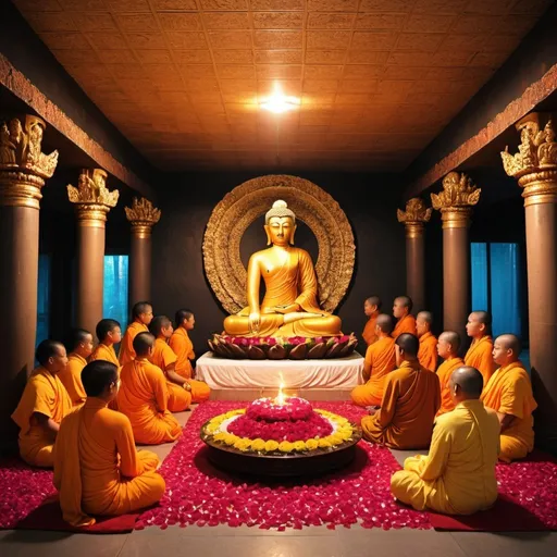 Prompt: The living Lord Buddha is in a dark room where candles are lit and there are rose petals falling on the floor inside that room. Also, surrounded by the goddesses, the godesses goddesses wearing life robes, wearing beautiful white transparent divine robes, worshiping around Him, worshiping and worshiping, they are gathered around Him, give me a picture of this scene.It should be as if there is a living Buddha in the body of Lord Buddha. It should be shown like a real human figure. It should be shown not like a statue but like a living Buddha body. They should surround him with divyanganavan deities and they should show the divine swarupayatan.It should be as if there is a living Buddha in the body of Lord Buddha. It should be shown like a real human figure. It should be shown not like a statue but like a living Buddha body. Surrounding him are the Divyanganas, the gods, they are dressed in beautiful shining cloths similar to the divine form, and they serve the Buddha with various divine flowers and divine fruits.
