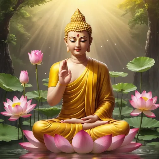 Prompt: 
Generate the Lord Buddha who lived thousands of years ago. It is believed that Buddha had blue eyes, blue hair, which is natural, and it is believed that Buddha's skin looked like pure gold. Create the standing Buddha holding a lotus in his right hand, smelling it, and sermonizing Dhamma to a group of Brahmins. The skin should look natural and the image should be lifelike. The Buddha is standing, wearing a beautiful yellowish robe, holding a lotus between his thumb and index finger, and arriving from the sky with his followers.olding a lotus between his thumb and index finger, and arriving from the sky with his followers.olding a lotus between his thumb and index finger, and arriving from the sky with his followers.the buddha is on the lotus flower sitting and talking to brahmin and all the goddess have been around him. create life like goddess from heaven who have worn transparent shiny white sleek dresses holding flowers to offer to the buddha, the goddess is very beautiful who has curly golden hair making her hands together to worship lord  buddha.make the buddha's skin more human like not as a statue. the buddha should open eyes and look at the human with love kindness. while the goddess should having  her hands full of roses to offer the buddha side of the buddha .goddess should take human form, with visible veins through the skin, and offer flowers to the Buddha.create the reflection of the buddha in the flowing water in front of him. there should be goddesses who came to see him with fruits and roses on their hands and buddha accepting it . create the buddha skin is as much as life like and not as a statue. and sitting eating tropical fruits and smelling roses on a lotus flower.the buddha is sitting crossed his legs in a meditation pose. his feet are beautiful and all fingers should be same tall . create the gods behind the buddha who came with fruits and roses with their hands.