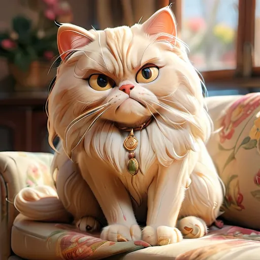 Prompt: In a cozy, sun-drenched living room, a gentle Persian cat, her fur a soft cream with hints of gold, sits regally on a plush sofa, its cushions a tapestry of rich earth tones. The warm sunlight streams through a nearby window, casting playful shadows that dance across the floor. Surrounding her are her playful kittens, their tiny paws delicately resting on a colorful, open book, filled with whimsical illustrations. Each kitten gazes in wonder, wide-eyed and curious, as their mother patiently guides them with a nurturing expression, her gaze warm and maternal. The room is adorned with leafy plants, and a faint breeze wafts in through the window, carrying the soft scent of jasmine. This enchanting, heartwarming scene is captured in dreamy watercolor illustration, inviting the viewer into a world of playful learning and familial love.